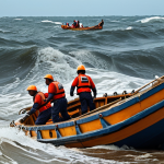**A capsized boat in rough seas off the coast of Cambodia, with rescue teams and local fishermen searching for survivors amidst crashing waves.** *(Focuses on the immediate aftermath and rescue efforts)*