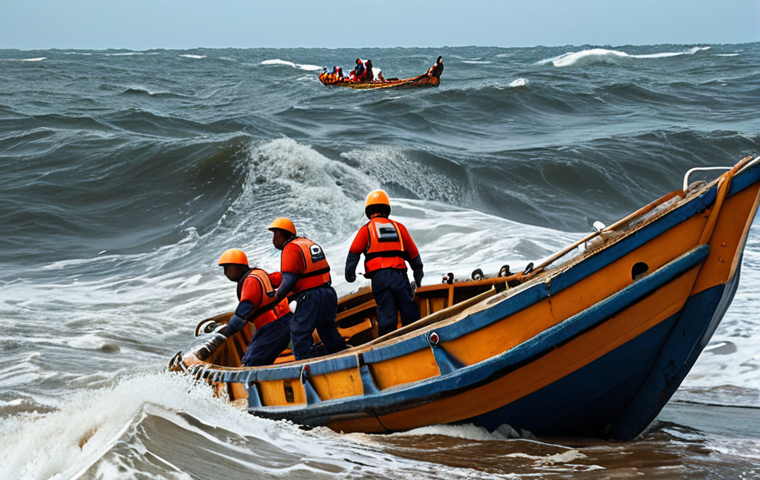 **A capsized boat in rough seas off the coast of Cambodia, with rescue teams and local fishermen searching for survivors amidst crashing waves.** *(Focuses on the immediate aftermath and rescue efforts)*