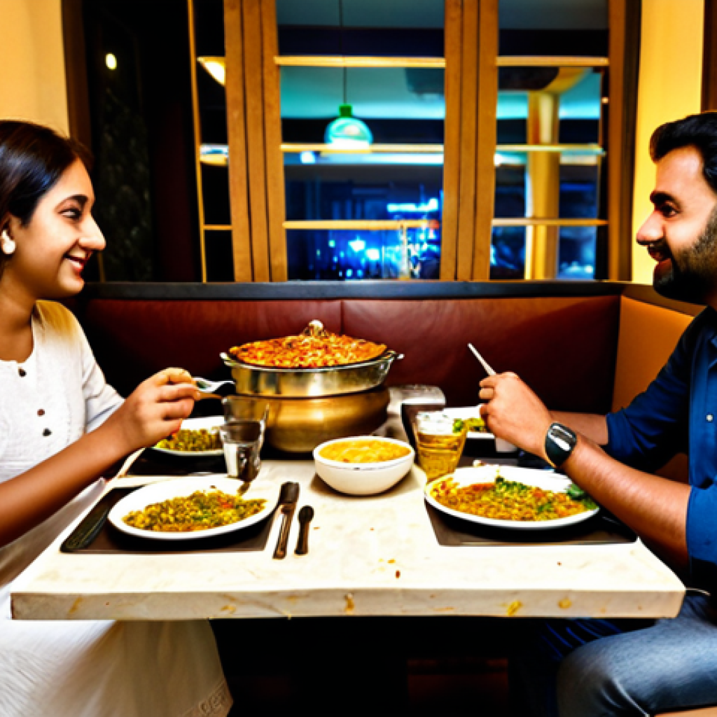 Family Dinner at Roka Lock**

A family-friendly scene inside Roka Lock restaurant, Karachi. A fully clothed family (father, mother, two children) are seated at a table enjoying a meal. The table is set with Chicken Creamy Handi and naan bread. The restaurant has a modern and traditional decor, with warm lighting. In the background, other families are enjoying their meals.  Ensure perfect anatomy, correct proportions, natural pose. Safe for work, appropriate content, fully clothed, professional, family-friendly. High quality, professional photography.

**