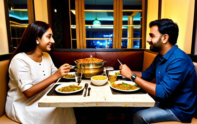 Family Dinner at Roka Lock**
A family-friendly scene inside Roka Lock restaurant, Karachi. A fully clothed family (father, mother, two children) are seated at a table enjoying a meal. The table is set with Chicken Creamy Handi and naan bread. The restaurant has a modern and traditional decor, with warm lighting. In the background, other families are enjoying their meals. Ensure perfect anatomy, correct proportions, natural pose. Safe for work, appropriate content, fully clothed, professional, family-friendly. High quality, professional photography.
**