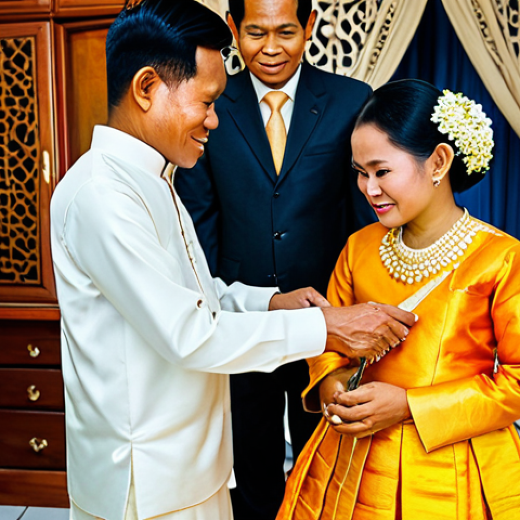 **Prompt:** A Cambodian couple in traditional wedding attire, fully clothed in vibrant silk garments, performing the "Hair Cutting" ceremony with family elders present. Modest clothing, perfect anatomy, natural proportions, safe for work, appropriate content, professional, family-friendly. The scene takes place in a decorated home setting. High quality, professional photography.