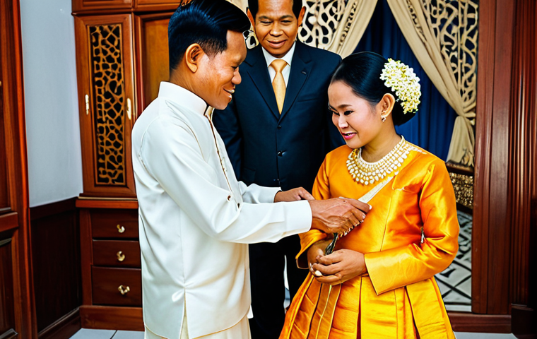 **Prompt:** A Cambodian couple in traditional wedding attire, fully clothed in vibrant silk garments, performing the "Hair Cutting" ceremony with family elders present. Modest clothing, perfect anatomy, natural proportions, safe for work, appropriate content, professional, family-friendly. The scene takes place in a decorated home setting. High quality, professional photography.