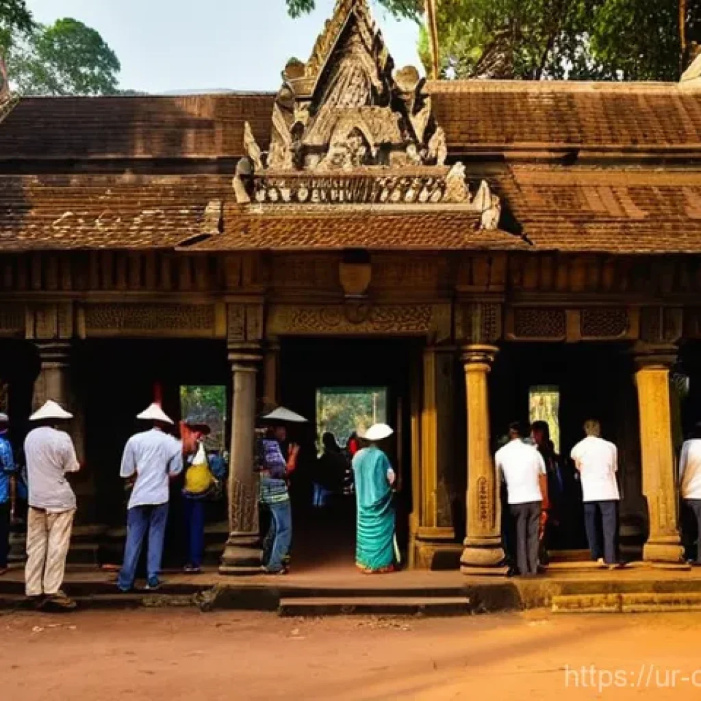 앙코르 와트 입장권 팁 - **Prompt:** "A vibrant and bustling scene at the Angkor Wat central ticket office in Siem Reap, Camb...