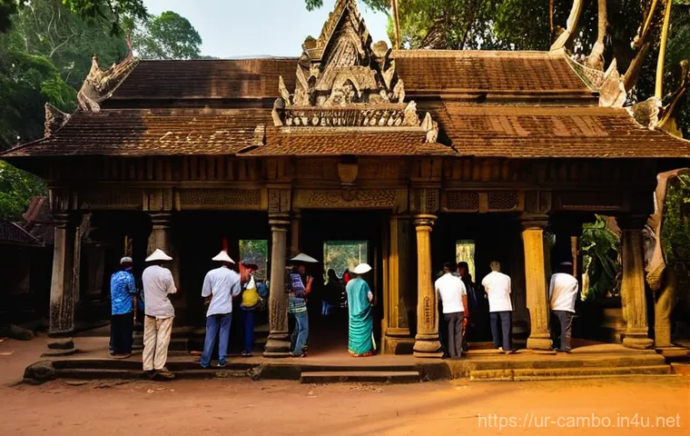 앙코르 와트 입장권 팁 - **Prompt:** "A vibrant and bustling scene at the Angkor Wat central ticket office in Siem Reap, Camb...