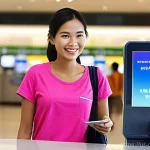 캄보디아 SIM 카드 구매법 - **Prompt 1: Airport SIM Card Purchase in Cambodia**
    "A cheerful, diverse female traveler in her ...