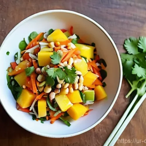 Home 29 캄보디아 망고 샐러드 - **Vibrant Cambodian Mango Salad on a Summer Table:** A close-up shot of a beautifully presented Camb...