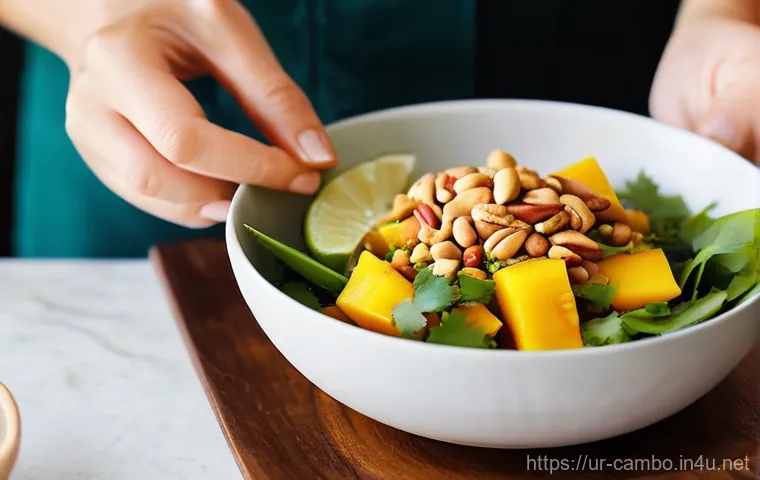 캄보디아 망고 샐러드 - **Refreshed Young Adult Enjoying Healthy Mango Salad:** A medium shot of a young adult, approximatel... 캄보디아 망고 샐러드 - **Refreshed Young Adult Enjoying Healthy Mango Salad:** A medium shot of a young adult, approximatel...