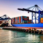 캄보디아 원조와 경제 협력 - **Prompt:** A vibrant and bustling modern port in Cambodia at sunset, showcasing the dynamic economi...