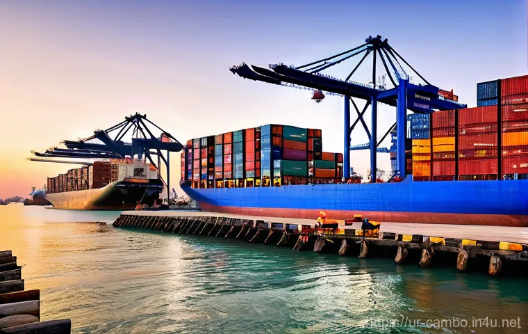 캄보디아 원조와 경제 협력 - **Prompt:** A vibrant and bustling modern port in Cambodia at sunset, showcasing the dynamic economi...