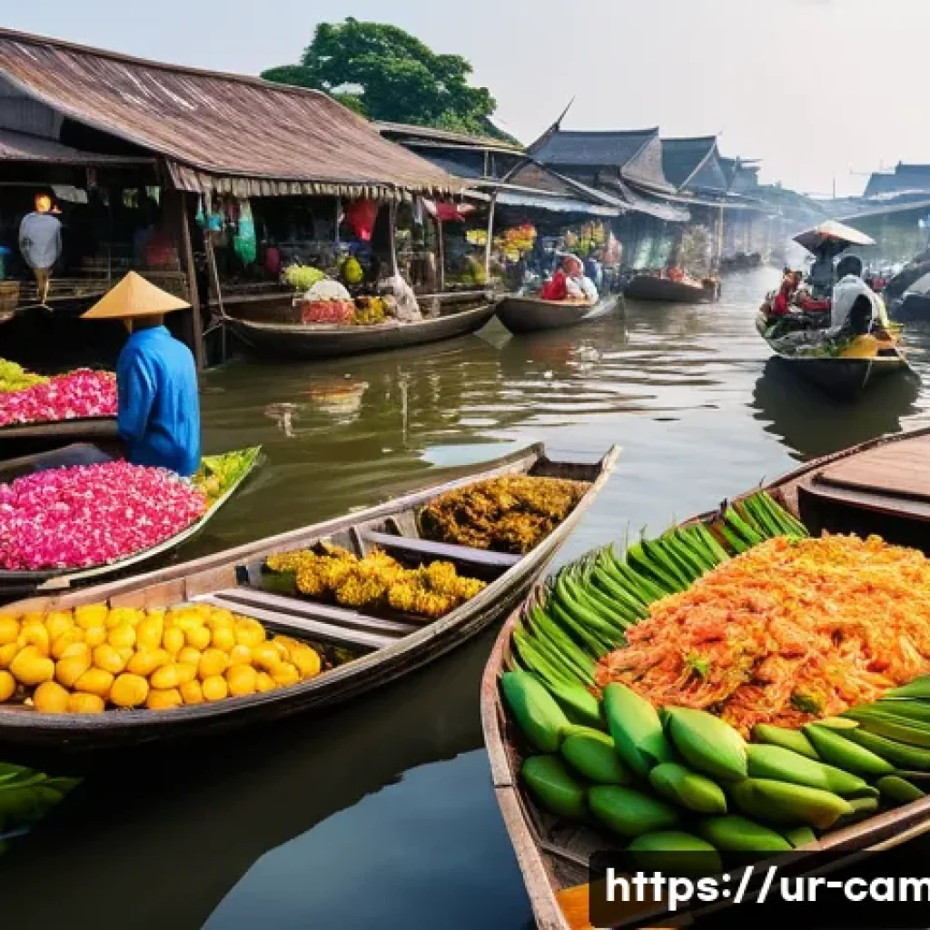 수상 시장의 길거리 음식 - **A Vibrant Morning at a Southeast Asian Floating Market:**
"A wide-angle shot of a bustling flo...