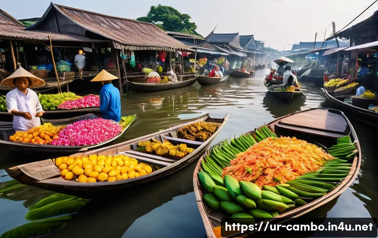 수상 시장의 길거리 음식 - **A Vibrant Morning at a Southeast Asian Floating Market:**
"A wide-angle shot of a bustling flo...