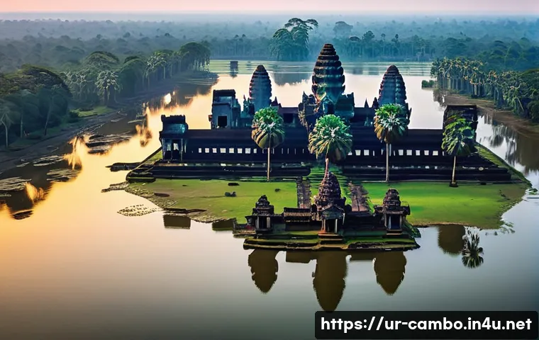 앙코르 유적군의 비밀 - **Prompt:** "A majestic aerial view of the Angkor Wat complex at dawn. The sprawling sandstone templ...